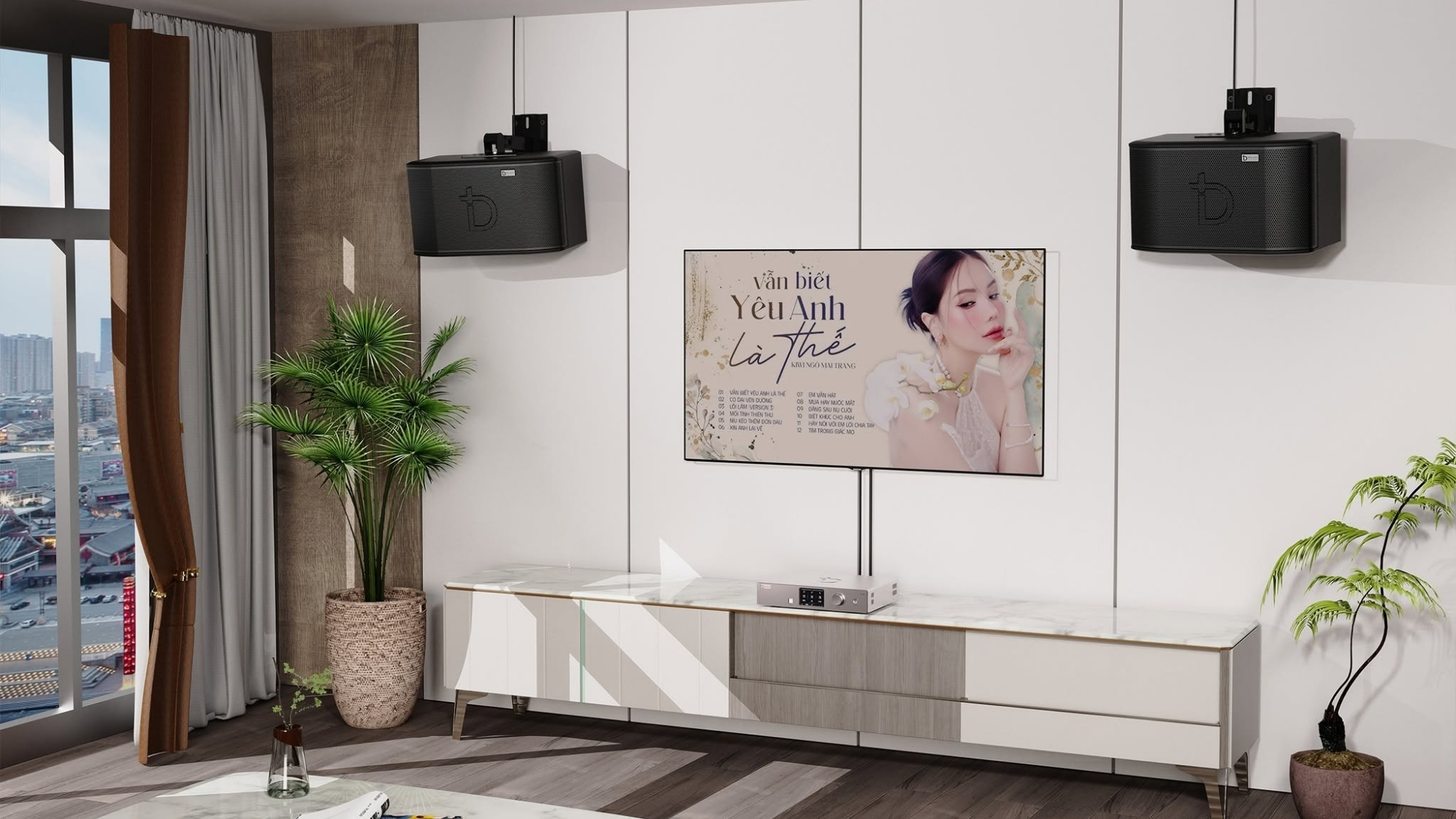 Cách bố trí loa karaoke trong phòng khách treo lên tường hoặc trần nhà