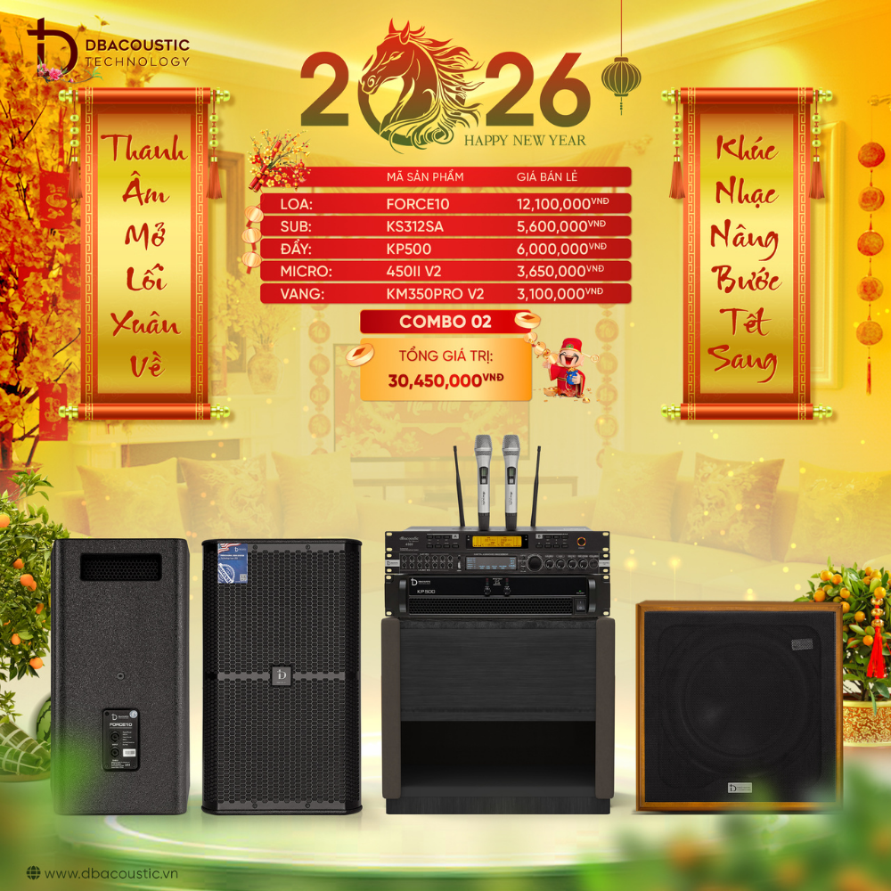 Combo 2: Cấu hình tầm trung với loa FORCE10 và vang KM350PRO V2, giọng hát sáng và nhạc nền đầy nội lực cho không gian từ 20-30m²